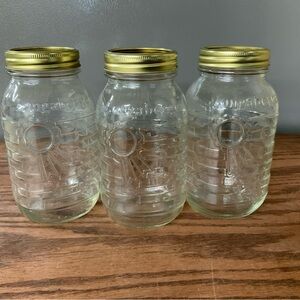 Set Of 3  Longaberger Blue Ribbon Collection Quart Mason Canning Jars USA